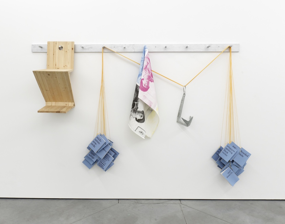 , 2012, Wood peg rail, replica Gerrit Rietveld Zig Zag Chair, 52 artist's books, nylon cord, 2kg boat anchor, printed fabric, 106 x 244 x 47 cm, Edition of 2 , installation view at Galerie Tatjana Pieters